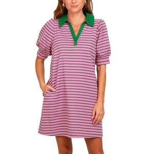 Pink and Green Polo Collar Split Neck Puff Sleeve Dress - Size 1X